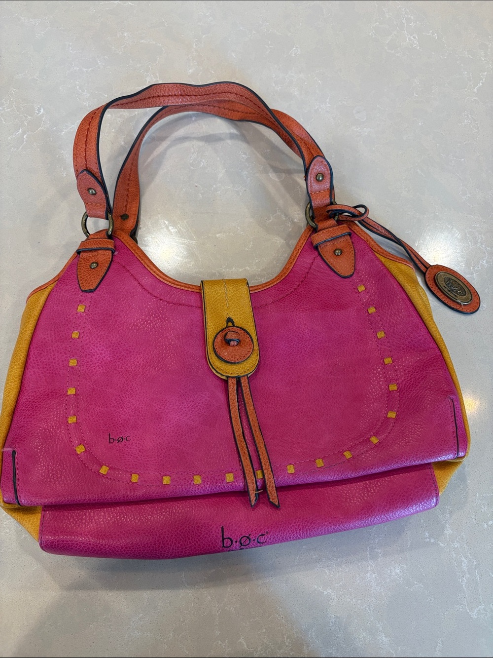b.o.c. Pink and Yellow Leather Shoulder Bag with Orange Accents